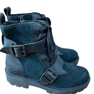 UGG Zorrah Black Suede Double Buckle Combat boots Women size 8